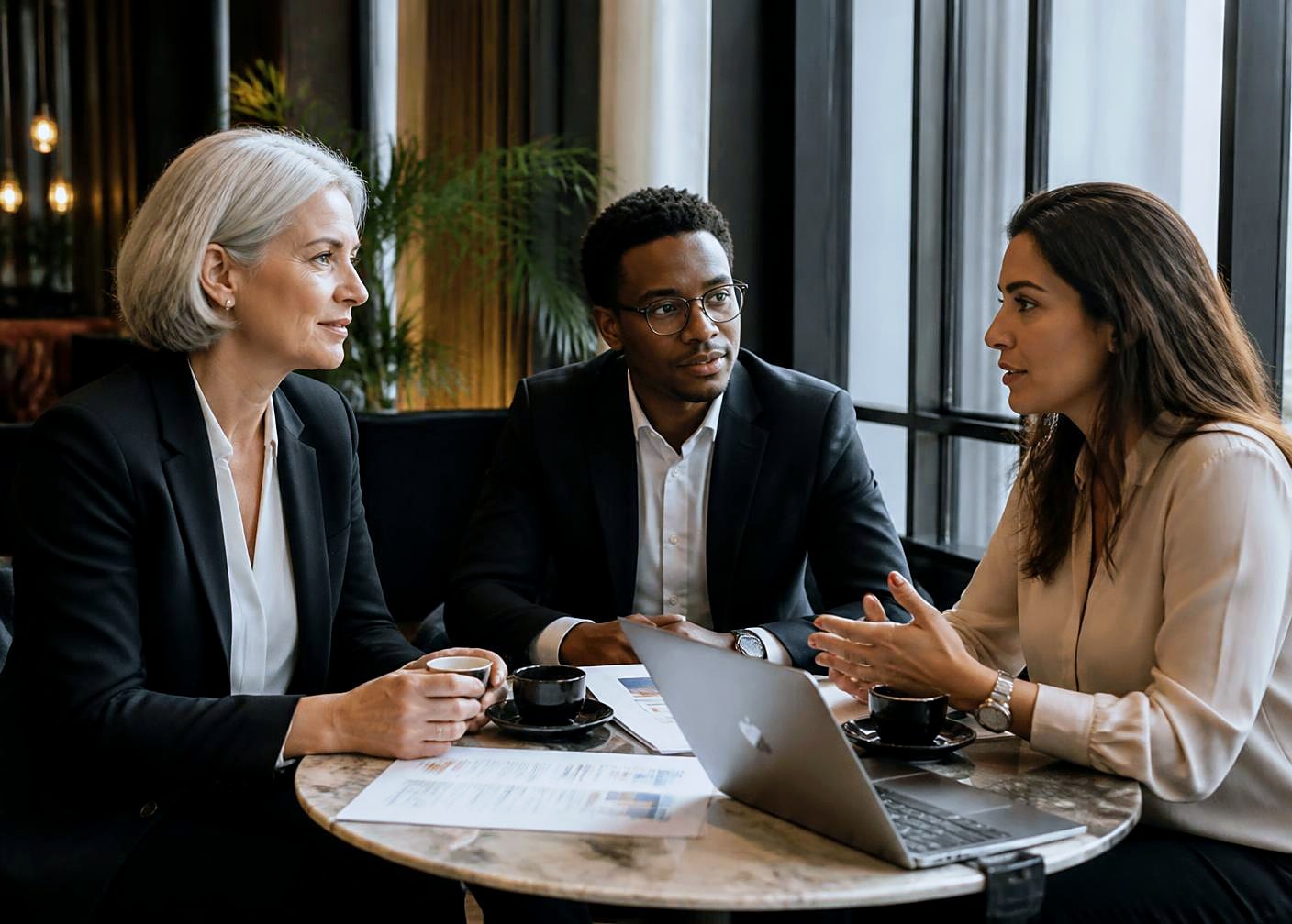 Consultores e cliente em conversa estratégica em lounge corporativo, com relatório impresso e notebook sobre a mesa