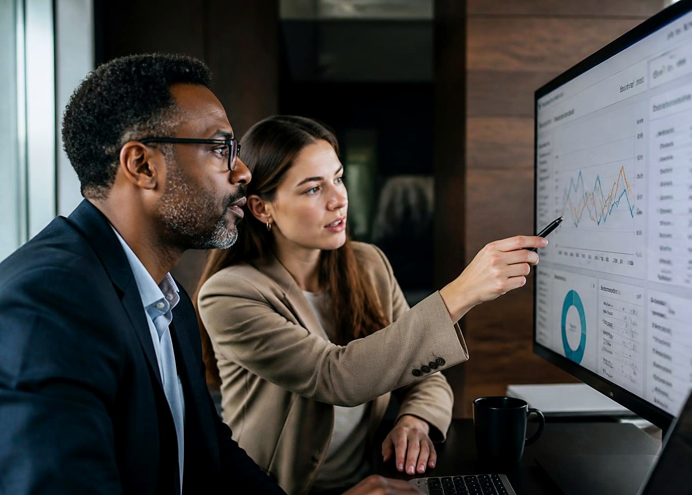 Líder de dados negro e analista jovem analisando a tendência de um dashboard analítico em monitor