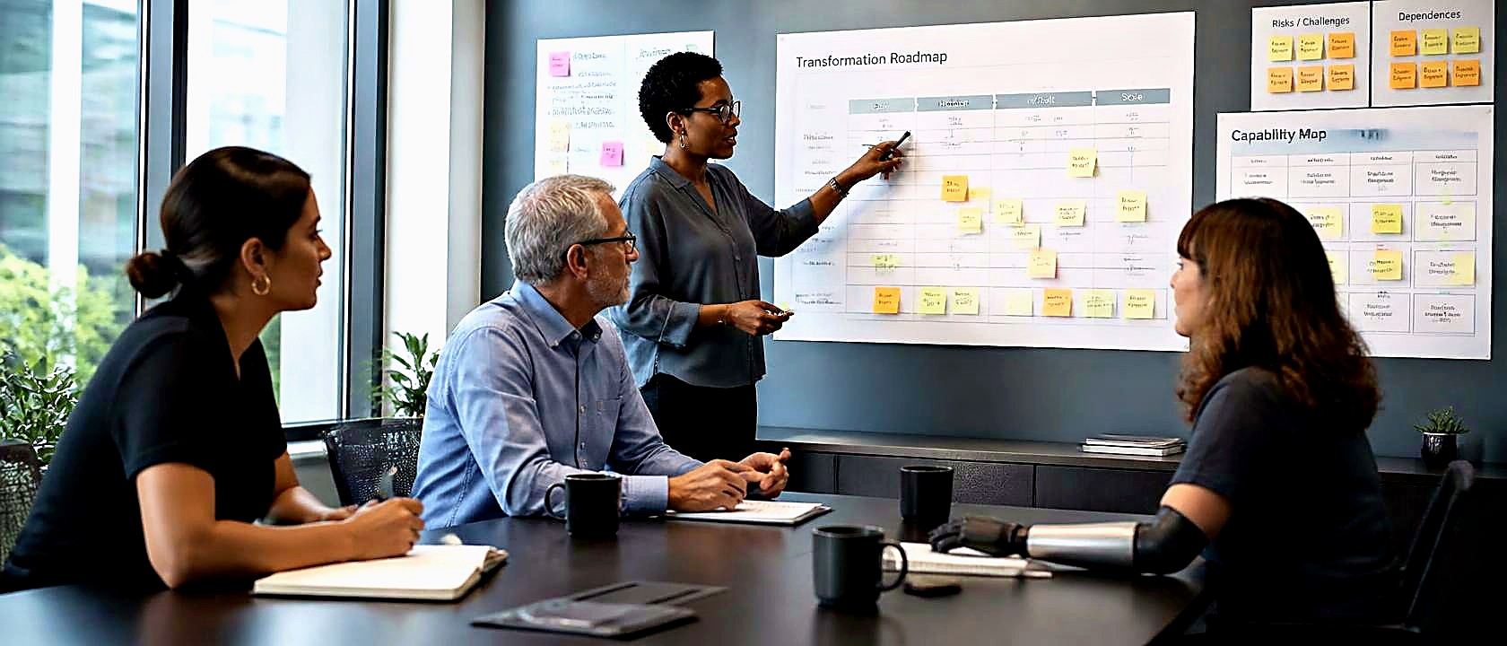 Consultora apresentando o roadmap de transformação em workshop estratégico com executivos e capability maps na parede